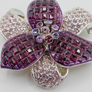 Swarovski Signed Swan Multi layer Purple Crystal Flower Brooch 2"